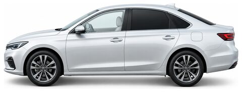 Carro visto de lado com película escura nos vidros laterais traseiros, no vidro pequeno traseiro e no óculo traseiro; vidros da frente sem película